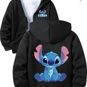 Resim Disney Stitch Fermuarlı Kapüşonlu Sweatshirt - Erkek ve Kız Çocukları İçin Rahat Gri Karakter Baskılı, Çift Cepli Uzun Kollu Kazak, Sonbahar/Kışlık Günlük Giysi, Orta Esneklikli Kumaş 