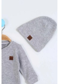 Resim Mai Bella Fitilli Kumaş Çıtçıtlı Şapkalı Patikli %100 Pamuklu Uzun Kollu Kışlık Erkek Bebek Tulum 2'li Seti Gri 