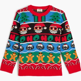 Resim Erkek Çocuk Noel Baba Desenli Yılbaşı Temalı Uzun Kollu Triko Kazak 