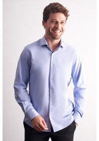 Resim İmza Mavi Yarım İtalyan Yaka Uzun Kol Premium Slim Fit %100 Pamuk Gömlek 1004255194 Mavi 