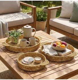 Resim Bucuks İç İçe Geçebilen 3 Lü Yuvarlak Plastik Rattan Tepsi Seti-hasır Görünümlü Çok Amaçlı Servis Ve Sunum Tepsileri 