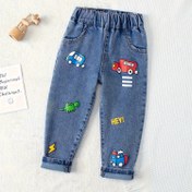 Resim Erkek Çocuklar için Eğlenceli Araba Baskılı Yıkanmış Kot Pantolon - Elastik Bel, Rahat Geniş Bacaklar, Tüm Mevsimler İçin Rahat Düz Bacaklı Pantolonlar, Okul ve Oyun İçin Mükemmel, Tüm Mevsimler Kot Pantolon | Eğlenceli Tasarım | Rahat Uygunluk 