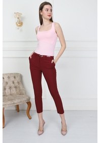 Resim Bluence Beli Ince Kemerli Dar Paçalı Bordo Kumaş Pantolon Bordo 