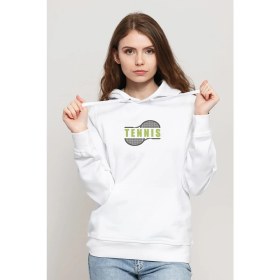 Resim Qivi Tennis Sport Baskılı Beyaz Kadın Örme Kapşonlu Sweatshirt Uzun Kol 