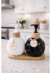 Resim Makri Home 2'li Sıvı Sabunluk & Deterjanlık Seti, Bambu Stantlı, Stant 17,5x8,5 Cm, Şişe 400 Ml 15x10 Cm Beyaz - Siyah 