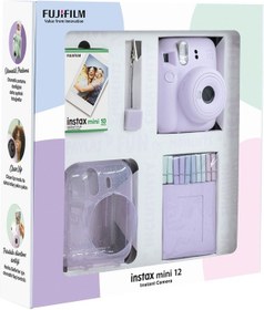 Resim Fujifilm Instax Mini 12 Fotoğraf Makinesi + 10'lu Film + Simli Pleksi Kılıf + Mandal + Kıskaçlı Standı Lila 