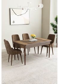 Resim Clara Barok Desen 80x132 Açılabilir Mdf Masa Yemek Odası Takımı,mutfak Takımı 4 Adet Sandalye Kahverengi 