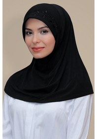 Resim Hürrem Bone Siyah Pratik Hazır Geçmeli Tesettür Eşarp Sandy Kumaş Elişi Çiçek (545491217) Siyah 