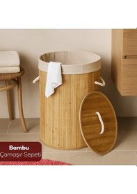Resim Porsima Pbt-052 Kapaklı Kirli Çamaşır Sepeti Yuvarlak - Bambu Kirli Çamaşır Sepeti Bambu 