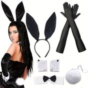 Resim D EXCEED Kadın 5 Adet Tavşan Kostümü Seti - Tavşan Kulaklığı, Yaka, Yelek, Bilek ve Kuyruk Balık Çarşafı Eldivenleri - Polyester, Anime Temalı Parti Giyisi, Paskalya ve Cadılar Bayramı için, Tavşan Aksesuarları 