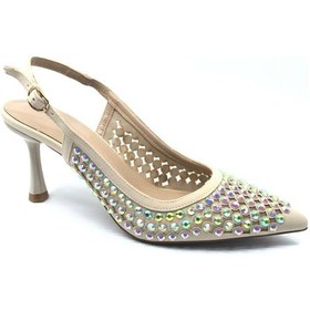 Resim Feles Arkası Açık Zümrüt Taş Detaylı Stiletto Kadın Ayakkabı Ten 