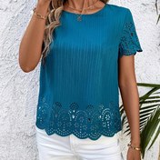 Resim Kadınlar için Yazlık Şık Yarı Saydam Kısa Kollu Bluz - %100 Polyester Yuvarlak Yaka Dantel Gibi Kesik Detaylı, Günlük ve Resmi Giyim İçin Makinede Yıkanabilir Gömlek 