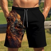 Resim Erkekler için rahat altın aslan 3D baskılı şortlar - Hızlı kuruyan polyester, bağcıklı bel, açık hava sporları ve surfling, yaz plaj giyimi, açık hava sporları şortları|Güçlü aslan baskısı|Polyester kumaş 