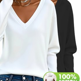 Resim 2 adet Kadın Uzun Kollu V Yaka T-Shirt - Yumuşak, Rahat ve Çok Yönlü Sonbahar/Kış İçin, Günlük Giyim ve Tatil İçin Mükemmel, Düz Renk, Her Gün T-Shirt|Tatil İçin Hazır|Yumuşak Dokulu, Beyaz Uzun Kollu Üst, Uzun Kollu Vanilya Rengi Gömlek, Uzun Kollu V Yaka Bluz, Uzun Kollu V Yaka T-Shirt, Uzun Kollu V Yaka Glitter T-Shirt Kadınlar İçin, Uzun Kollu Yarı Düz Renkli Turtleneck, Uzun Kollu T-Shirt Kadınlar İçin, Crop Top Uzun Kollu T-Shirt Kadınlar İçin, Saf Beyaz T-Shirt Kadınlar İçin, Tatil İçin 