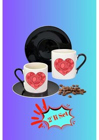 Resim Sevgililer Günü Kalpli Love Baskılı 2 Li Türk Kahvesi Fincanı Hediye Seti Siyah Beyaz Siyah- Beyaz 