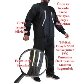 Resim Motorcu Yağmurluk %100 Su Geçirmez Dikişsiz Ön Arka Çift Reflektör Fermuarlı Paçalar Sıcak Frekans Yapıştırma 