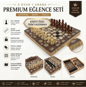 Resim Kişiye Özel İsimli Lüks Ahşap Sedef Görünümlü 3ü 1 Arada Satranç Dama Tavla Kilitli Premium Set 34cm 