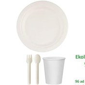 Resim Ekolojik Doğal 26 Cm. 96 Kişilik Parti Piknik Sofra Sunum Seti - Tabak Bardak Çatal Kaşık Takımı 