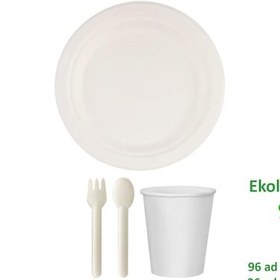 Resim Ekolojik Doğal 26 Cm. 96 Kişilik Parti Piknik Sofra Sunum Seti - Tabak Bardak Çatal Kaşık Takımı 