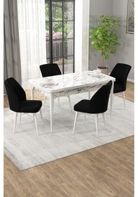Resim Arel Beyaz Mermer 80x132 Açılabilir Mdf Masa Yemek Odası Takımı, Mutfak Takımı 4 Adet Sandalye Beyaz Mermer - 4 Siyah - Beyaz Ayak 