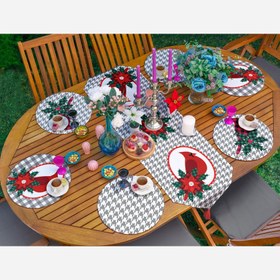 Resim Gri Kazayağı Zeminli Ekose Kuş Motifli 6+1 Supla Runner Seti 