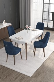 Resim Canisa Noa Serisi 80x132 Mdf Açılabilir Beyaz Masa Ceviz Ayak Masa Takımı 4 Lacivert Sandalye 