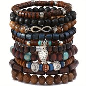 Resim 10'lu Set Yeni Moda Retro Tavuk Kanadı Ahşap Boncuklar Erkekler için El Yapımı Boncuklu Bilezik Çok Renkli Ahşap Boncuklar Hayat Ağacı Elde Taşınabilir Sonsuz 8 Karakterli Yaprak Çift Bilezik 