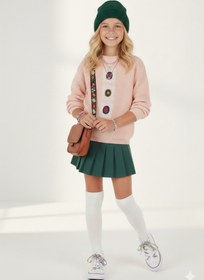 Resim CLOUDY WEAR&DESİGN Kız Çocuk Renkli Nakış Detaylı Pembe-Ekru Oversize Triko Kazak 