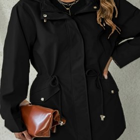 Resim Plus Beden Kadınlar için Şık Düz Renk Yüksek Kaliteli Yağmurluk - Ayarlanabilir Bağcıklı Kapüşon, Nefes Alabilen Orta Boy Ceket, Fermuarlı Ön ve Dik Yaka ile İlkbahar & Sonbahar İçin, Makinede Yıkanabilir, Dayanıklı Dış Yüzey 