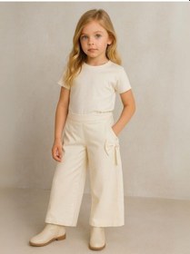 Resim Zekids Kız Çocuk Fiyonk Detaylı Geniş Paça Pantolon-16153 Krem 