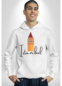 Resim İstanbul Galata Kulesi Kadın Erkek Beyaz Kapüşonlu Sweatshirt Hoodie Beyaz 