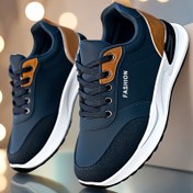 Resim Erkekler İçin Büyük Beden Her Mevsim Günlük Sneakerlar - Kahverengi Vurgularlı Lacivert, Bağcıklı Düşük Üst Koşu Ayakkabıları, Günlük Kıyafetler İçin Şık ve Çok Yönlü 
