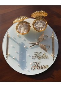 Resim Beloved Gold Beyaz İncili Söz Tepsisi Nişan Tepsisi Ve Damat Kahve Fincan Tepsisi Gri Gri 