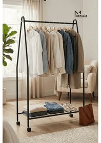 Resim Tekerli Metal Elbise Askılığı Taşınabilir Ve Dayanıklı Raflı Giysi Standı Kıyafet Organizeri Siyah Siyah 