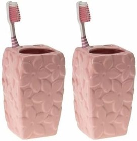 Resim 2 ADET SERAMİK DİŞ FIRÇALIK ÇİÇEKLİ PEMBE MODEL 7X7X12CM BANYO SETİ 