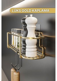 Resim Bino Baharatlık Lüks Metal Gold Mutfak Rafı Banyo Rafı Yapışkanlı Kancalı Şık Tasarım Tuzluk Askılık Çok Renkli 