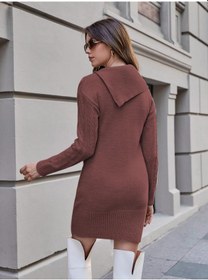 Resim Aqe Fashion Kadın Düğme Detaylı Uzun Kollu Saç Örgü Boğazlı Mendil Yaka Tarçın Triko Tunik Elbise Tarçın 