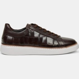 Resim Desa Erkek Kahve Bağcıklı Kroko Baskılı Deri Sneaker 