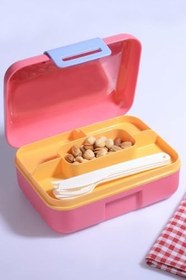 Resim Kendinden Kaşık ve Çatallı 5 Bölmeli 2 Katlı Beslenme Kutusu (PEMBE) 