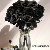 Resim 5 adet/6 adet/7 adet/10 adet Yapay Siyah Güller Plastik Sahte Çiçekler, Uzun Saplı, Kapsız, Cadılar Bayramı, Ev Dekorasyonu, Düğün Partisi, Gotik Gotik Dekor, Çeşitli Oda Türleri, Masa Üstü 