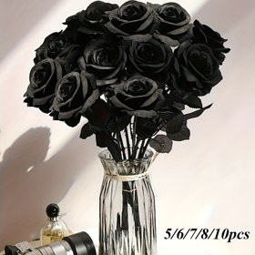 Resim 5 adet/6 adet/7 adet/10 adet Yapay Siyah Güller Plastik Sahte Çiçekler, Uzun Saplı, Kapsız, Cadılar Bayramı, Ev Dekorasyonu, Düğün Partisi, Gotik Gotik Dekor, Çeşitli Oda Türleri, Masa Üstü 