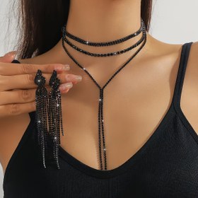 Resim Şık ve Lüks Siyah Küpe Kolye Üçlü Set, Uzun Çok Katmanlı Tasarım Kolye Zinciri, Kadınlar için Prom, Parti ve Hediye için Uygun 