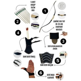 Resim Geleneksel Okçuluk Lamine 'vav' Set- Vav Yay + 5 Ok + Zihgir + Tirkeş + Kolçak + Eldiven 