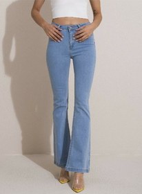 Resim Ispanyol Açık Mavi Yüksek Bel Likralı Flare Jeans Kadın Açık Mavi 