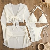 Resim Lauvoco Kadınlar için 4 parça mayo seti, 2024 Yeni Düz Renk Askısız Üst, Şeffaf File Etek, Bikini, %82 Polyester, %18 Elastan, Yüksek Esneklikte Triko Kumaş, Dantel Detay, Kolsuz, Yüzme için 