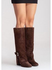 Resim Lojo Kahverengi Süet Hakiki Deri Tokalı Kadın Kalın Topuklu Çizme Kahverengi 