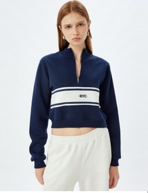 Resim Koton Crop Sweatshirt Yarım Fermuar Detaylı Renk Bloklu Üç İplik Şardonlu Lacivert 5wak10052ek Lacivert 