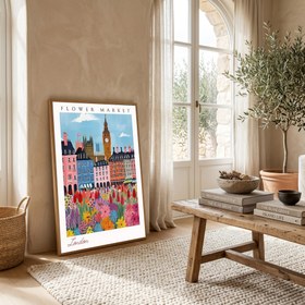 Resim London Flower Market Print - Big Ben Cityscape British Botanical Art - With Hanger - White / 16 x 20" (40x50 cm) 
