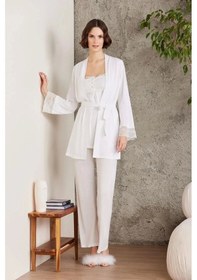 Resim Pierre Cardin Dantelli Penye 3'lü Kadın Lohusa Pijama Takımı 2805 - Ekru 