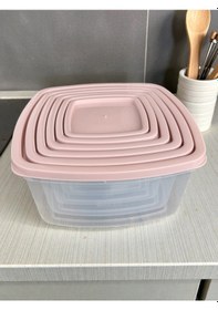 Resim 6'lı Kendinden Kapaklı Erzak Baharat Saklama Kabı Seti 8,3 Litre Büyük Boy Plastik Açık Pembe 